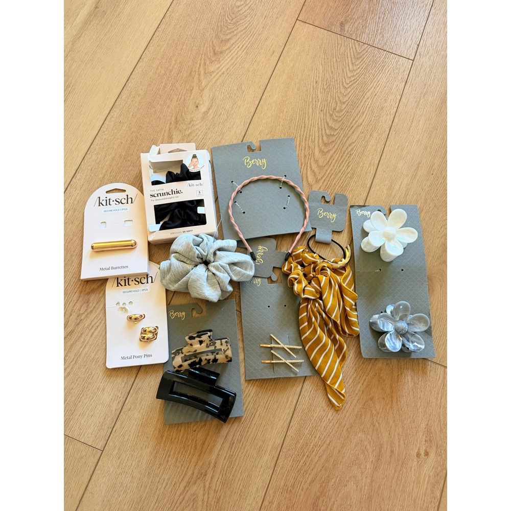 Kitsch & Berry Hair Accessory Bundle Scrunchies Claw Clips Barrettes Gold New